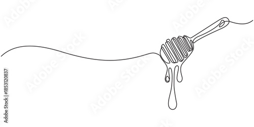 A continuous line drawing of a honey jar with a dipper, Vector continuous one single line drawing of honey dipper in silhouette on white background. Linear stylized, Honey dripping from honey dipper.