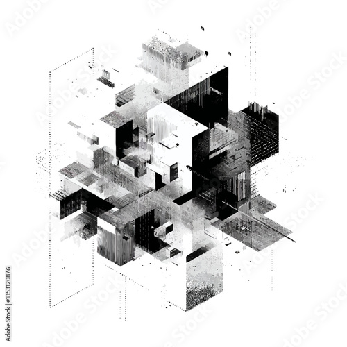 Abstract geometric art black and white modern design digital rendering cube structure conceptual visualization vector illustration