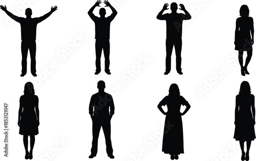 People silhouette standing poses illustration set showing men and women body language gestures isolated on white background for social concept