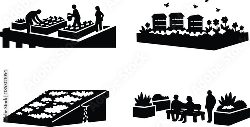Green Roof Garden Silhouette Icons Vector Urban Farming Biodiversity Insulation Public Green Space.