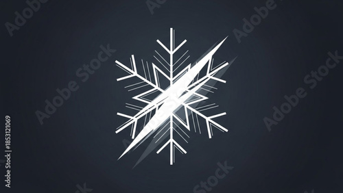 Detailed white snowflake on dark background with sharp edges and lines, winter weather symbol