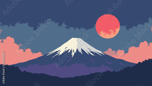 Mount Fuji with a snow-capped peak, the sky a deep indigo with a perfectly round red moon. Minimalist travel poster style, flat vector