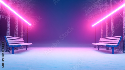 Glowing light ribbons illuminate winter scene with snow and benches