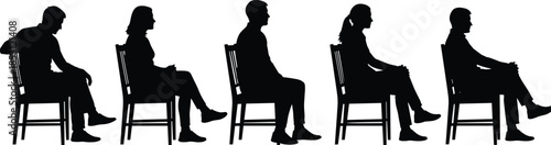 People sitting on chairs silhouette illustration set showing men and women seated in profile isolated on white background concept