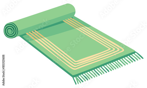 Green Prayer Rug partially Rolled up with Fringe and Rectangle Border Illustration for Islamic Culture