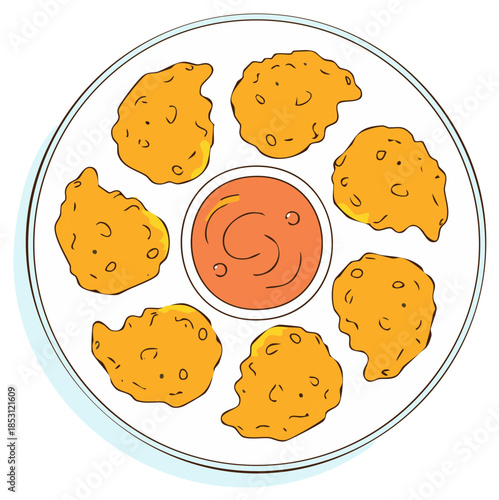 Illustration of a plate of chicken nuggets with dipping sauce