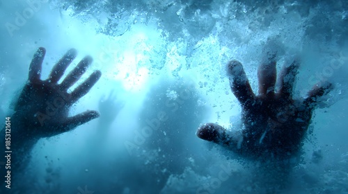 Two Hands Reaching Out From Underwater Through Bubbles and Light.