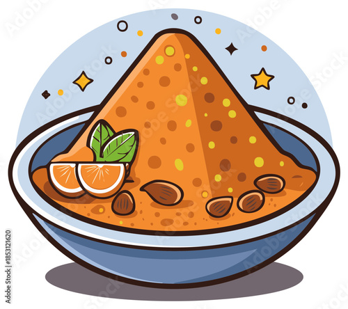 Sweet Semolina Halva Dessert in a Blue Bowl Garnished with Oranges and Almonds Cartoon Illustration