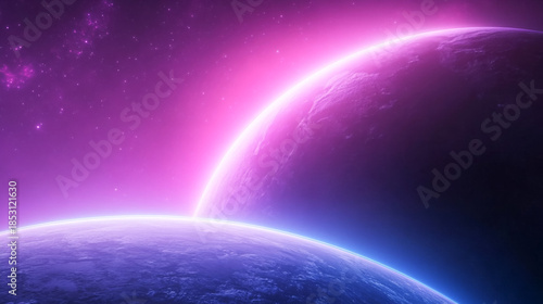 Glowing purple ice planet with cyan racing circuits in space fantasy landscape