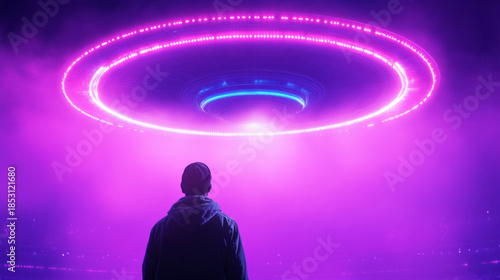 Futuristic purple spaceship hovering over winter landscape with glowing lights