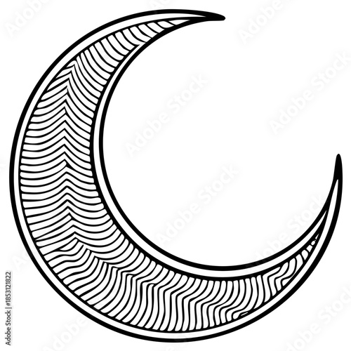 Ornate Crescent Moon with Hand Drawn Intricate Wavy Line Art Pattern