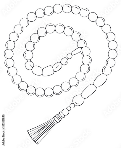 Traditional Spiritual Prayer Beads Rosary Tasbih Misbaha Coiled Outline Line Art Drawing Illustration
