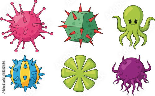 Set of colorful cartoon virus and bacteria characters with cute monster shapes, medical microbiology vector illustration isolated on white