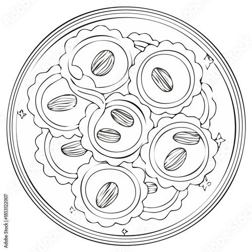 Outline Illustration of Cookies with Almonds on Plate, Dessert Graphics for Coloring Books