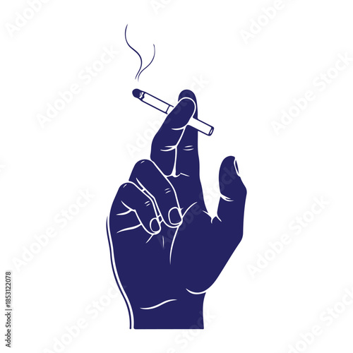 A minimalist illustration of a dark blue hand holding a lit cigarette against a plain white background