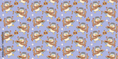 A blue cartoon children's pattern featuring a penguin wearing an earflap hat and scarf. Sweets and funny animals print for textiles and seasonal festival wrapping paper.