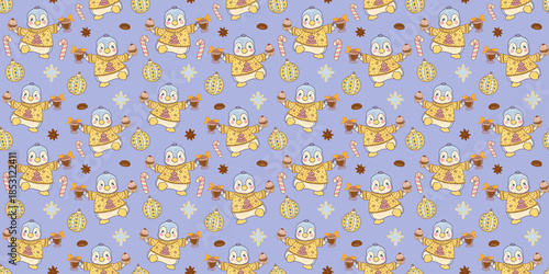 A blue cartoon children's pattern featuring a penguin wearing a knitted Christmas sweater. Sweets and funny animals print for textiles and seasonal festival wrapping paper.