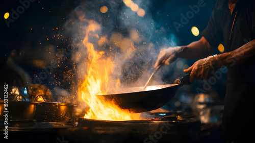 Chef cooks over an open flame in a busy outdoor kitchen at night during a food festival