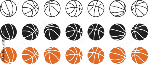 basketball icon set vector on white background. sports, icon, graphic, design, vector, illustration, simple, orange, black, white, outline, solid, logo, website, social media, printable, symbol.