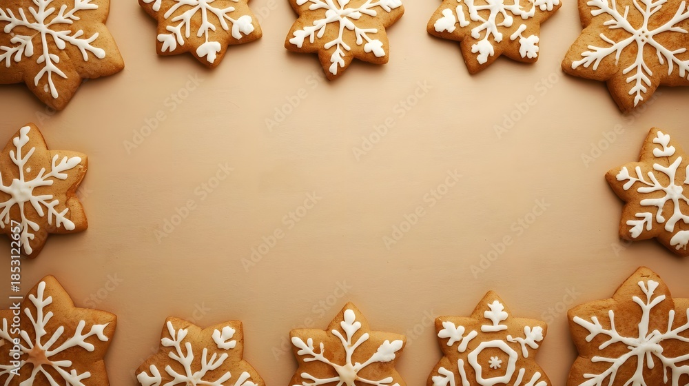 Fototapeta premium Gingerbread cookies with white icing in festive holiday border on brown background with soft lighting for Christmas greeting card