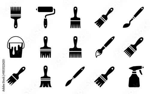 Black artistic tools display featuring paintbrushes paint rollers wooden easel and paint cans isolated on white background for creative art design concept studio illustration template