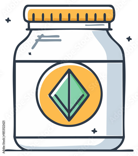 Cartoon doodle illustration of white jar or bottle with round orange label and green diamond shape symbol with yellow cap