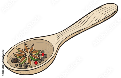 Wooden spoon filled with colorful peppercorns, spices, and herbs for cooking food and cuisine