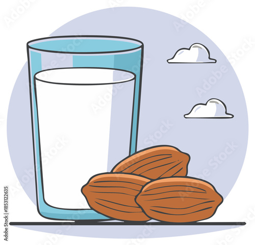 Glass of milk with almonds and clouds, healthy eating concept, illustration.