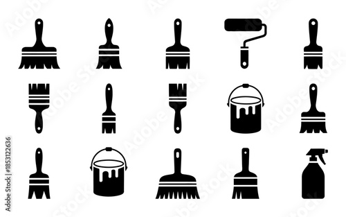 Black artistic tools display featuring paintbrushes paint rollers wooden easel and paint cans isolated on white background for creative art design concept studio illustration template