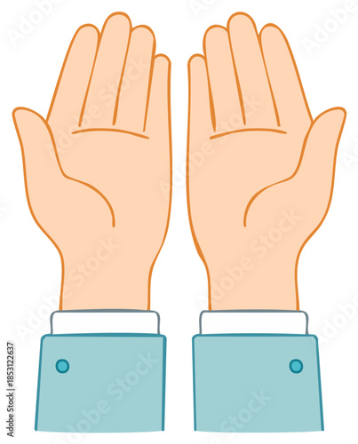 Two open hands held up in a praying gesture with sleeves visible