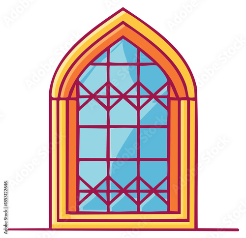 Cartoon window with arch, crossbars and colorful frames, vector illustration isolated on white.