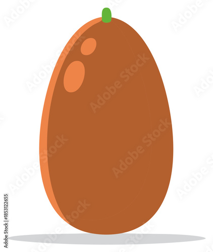 Single brown cartoon egg with green stem and orange spots, isolated on white