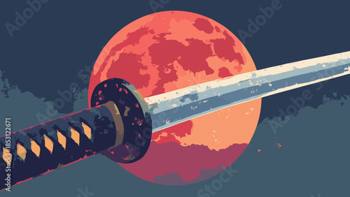 A close-up of a Katana hilt and guard (tsuba), with the red moon reflected in the polished steel. Weapon detail, flat vector