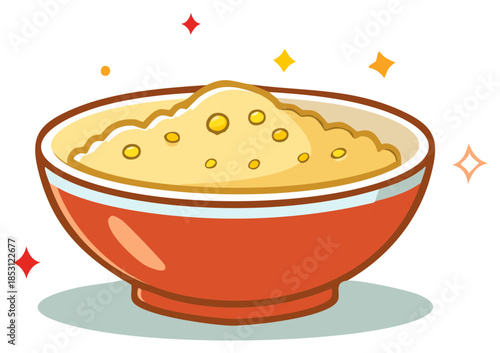 Flat Illustration of a Bowl of Porridge with Sparkling Stars and Dots
