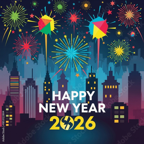 New Year Celebration with Fireworks: Vibrant fireworks erupt against a backdrop of city skyscrapers, heralding the arrival of the New Year. The colorful display illuminates the night sky.