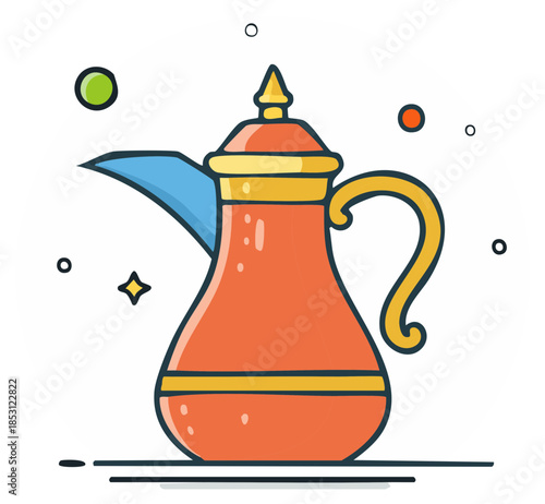 Flat design illustration of an ornate Arabic coffee pot with decorative elements