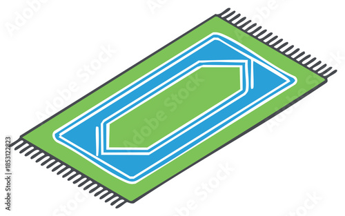 Vibrant green and blue Islamic prayer mat illustration with geometric pattern and fringe for religious worship