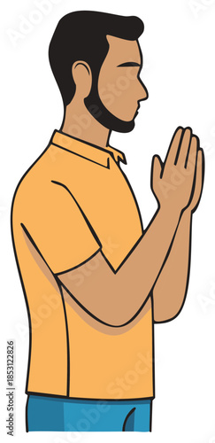 Man with beard in orange shirt praying with hands together side profile illustration