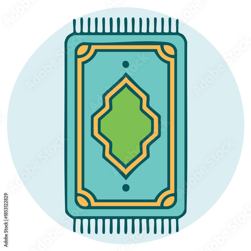 Illustrated Islamic Prayer Rug with Traditional Geometric Design in Blue and Green