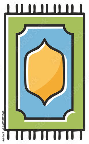 Colorful Islamic prayer rug illustration with traditional mihrab pattern and tassels for worship