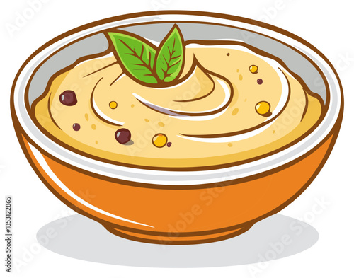 Cartoon bowl of creamy puree with mint garnish, food illustration.