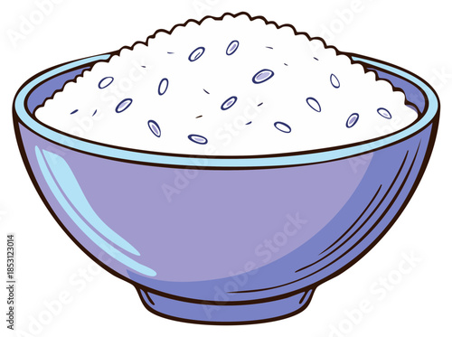 Stylized illustration of cooked white rice in a purple bowl ready for a meal