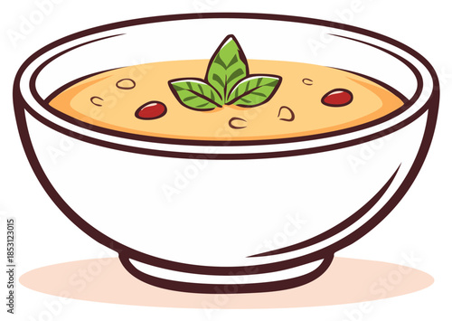 Bowl of Cream Soup with Herbs and Croutons - Food Illustration
