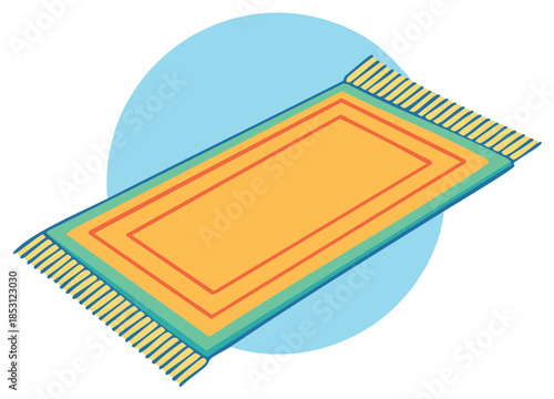 Isometric illustration of a colorful rug with a blue backdrop