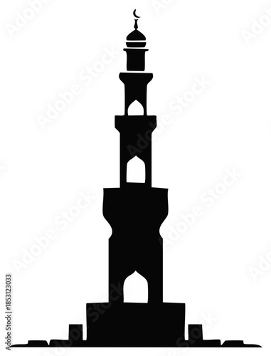 Silhouette of a tall Islamic minaret with a crescent moon atop its dome