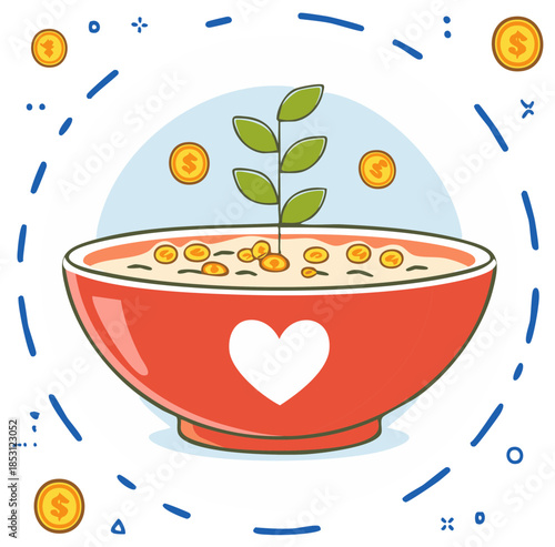 Red bowl with a heart on it, coins, and plant growing, symbolizing growth and investment, financial help.