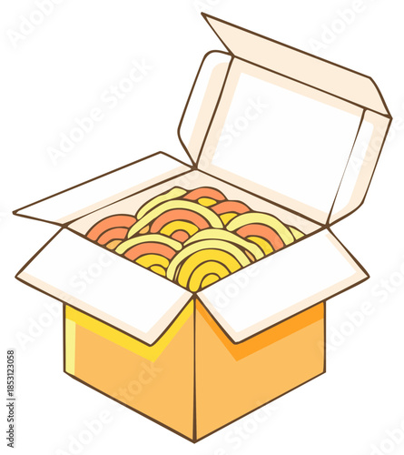 Open cardboard box filled with colorful circular pasta or noodles