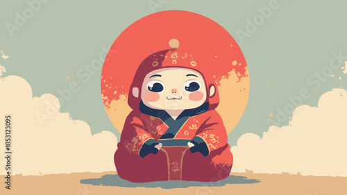 A traditional Daruma doll with both eyes filled in, sitting under a red moon. Symbol of goal achievement, flat vector