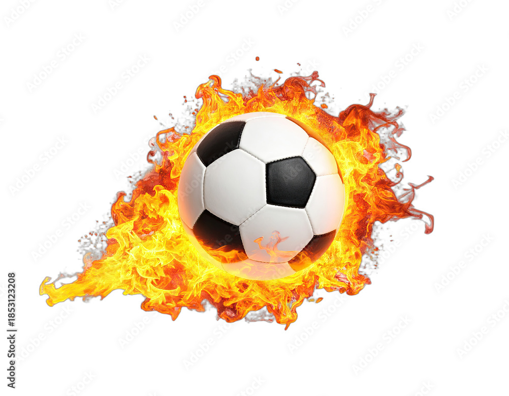 Fototapeta premium A burning soccer ball isolated on a black background with animated realistic flames