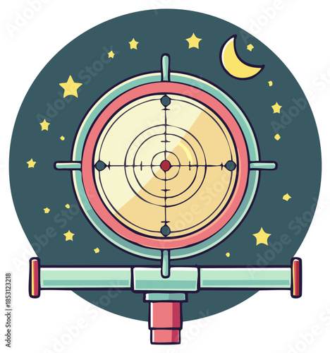 Stargazing telescope aiming scope with crosshairs focused on night sky stars and crescent moon illustration